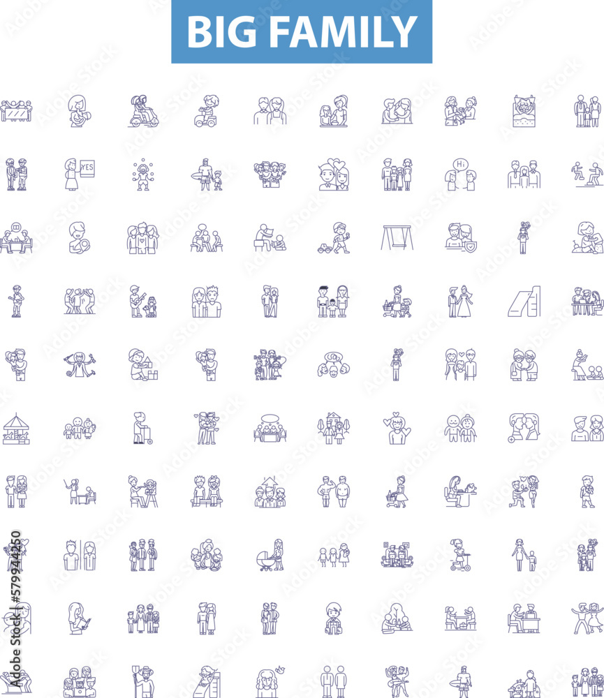 Big family line icons, signs set. Large, Clan, Extended, Kin, Household, Clan, Brood, Tribe, Abundant outline vector illustrations. - obrazy, fototapety, plakaty 