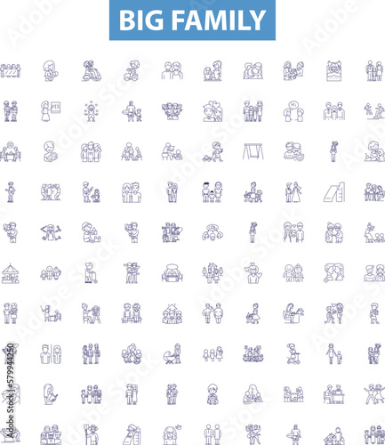 Big family line icons, signs set. Large, Clan, Extended, Kin, Household, Clan, Brood, Tribe, Abundant outline vector illustrations.