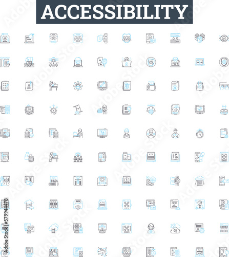 Accessibility vector line icons set. Accessible, Ease, Mobility, Aids, Adaptability, Permeability, Usability illustration outline concept symbols and signs