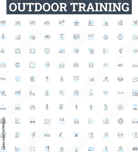 outdoor training vector line icons set. Outdoor, Training, Exercise, Coaching, Adventure, Hiking, Camping illustration outline concept symbols and signs