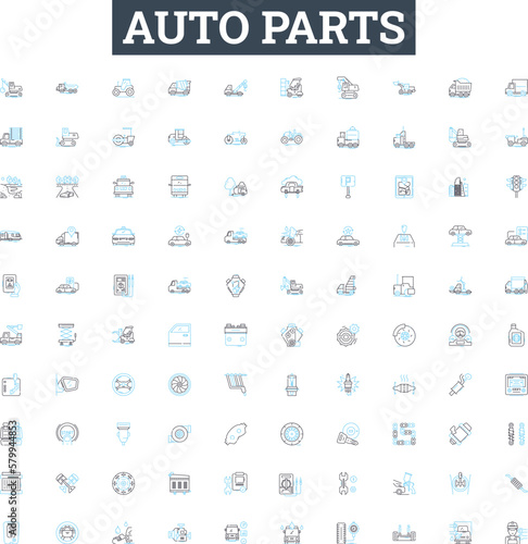 Auto parts vector line icons set. Car, Auto, Parts, Tires, Battery, Radiator, Oil illustration outline concept symbols and signs