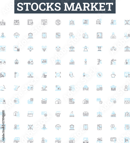 Stocks market vector line icons set. Stocks, Market, Investing, Shares, Trading, Equity, Prices illustration outline concept symbols and signs