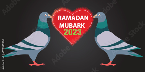 two pigeons with  Ramadan Mubarak 2023 written on the heart in her beaks. Ramadan concept.