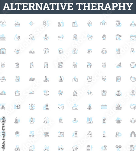 Alternative theraphy vector line icons set. Alternative, Therapy, Acupuncture, Aromatherapy, Ayurveda, Biofeedback, Chiropractic illustration outline concept symbols and signs