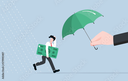 Policy response to help citizen during recession, fiscal and money stimulus, business help concept, Businessman with banknote running away from rain to umbrella which is spread by giant hand.