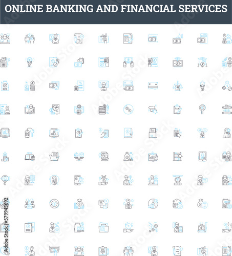 Online banking and financial services vector line icons set. Banking, Online, Financial, Services, Transaction, Payment, Deposit illustration outline concept symbols and signs