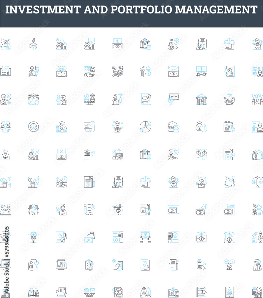Investment and portfolio management vector line icons set. Investment, Portfolio, Management, Asset, Equity, Fixed income, Alternative illustration outline concept symbols and signs Investment and portfolio management vector line icons set. Investment, Portfolio, Management, Asset, Equity, Fixed income, Alternative illustration outline concept symbols and signs