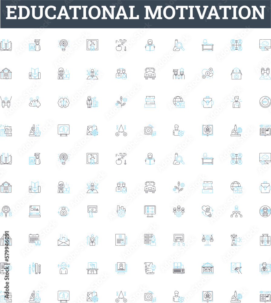 Educational motivation vector line icons set. Learning, Inspiration, Determination, Enthusiasm, Aspiration, Concentration, Creativity illustration outline concept symbols and signs Educational motivation vector line icons set. Learning, Inspiration, Determination, Enthusiasm, Aspiration, Concentration, Creativity illustration outline concept symbols and signs
