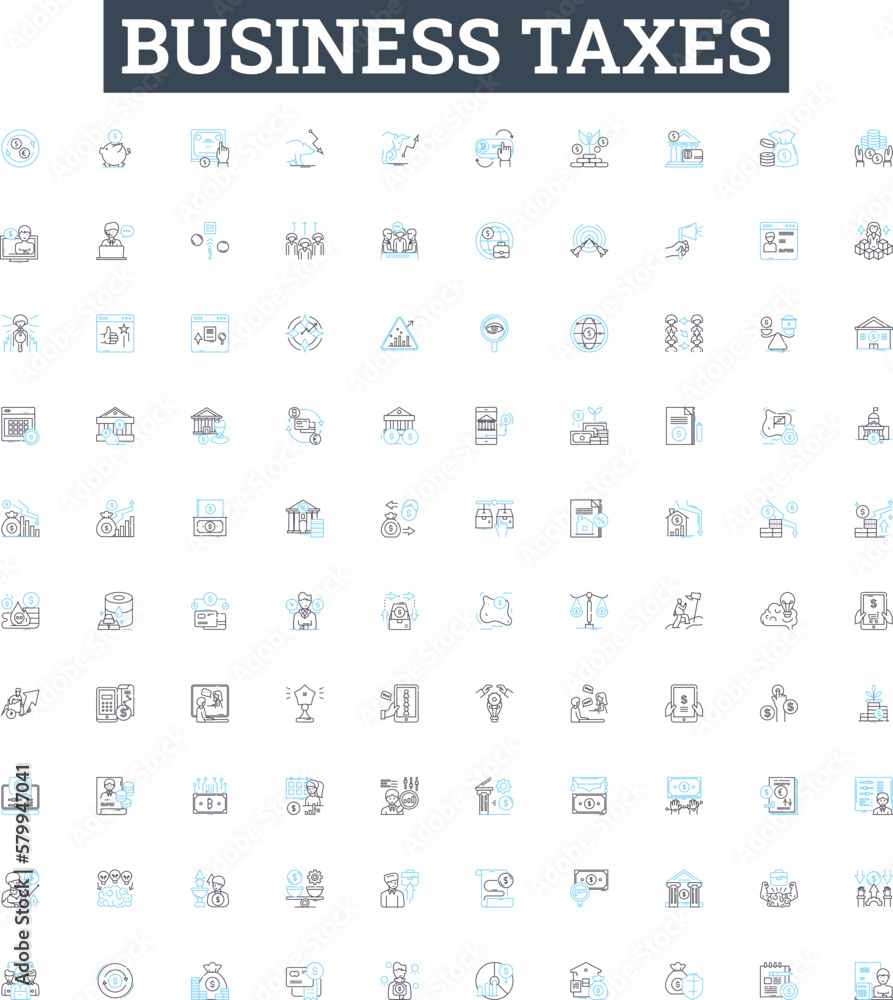 Business taxes vector line icons set. Taxes, Business, Filing, Deductions, Returns, Liabilities, Employer illustration outline concept symbols and signs Business taxes vector line icons set. Taxes, Business, Filing, Deductions, Returns, Liabilities, Employer illustration outline concept symbols and signs
