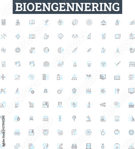 Bioengennering vector line icons set. bioengineering, genetics, biopharmaceuticals, biotransformation, proteomics, nanotechnology, tissue engineering illustration outline concept symbols and signs