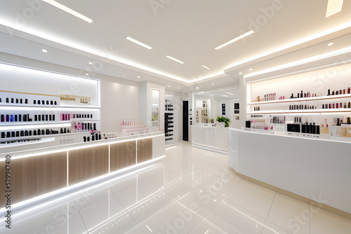 White glossy counter with skincare, cosmetic, treatment product in elegant and luxury interior design of beauty salon shop with white glossy product display counter, tree, reeded glass partition