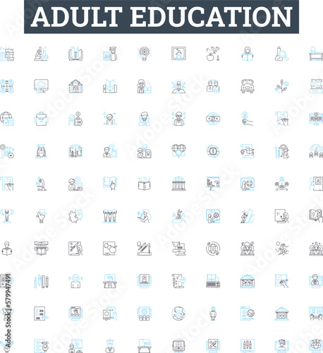 Adult education vector line icons set. Adult, Education, Learning, Instruction, Training, Literacy, Courses illustration outline concept symbols and signs