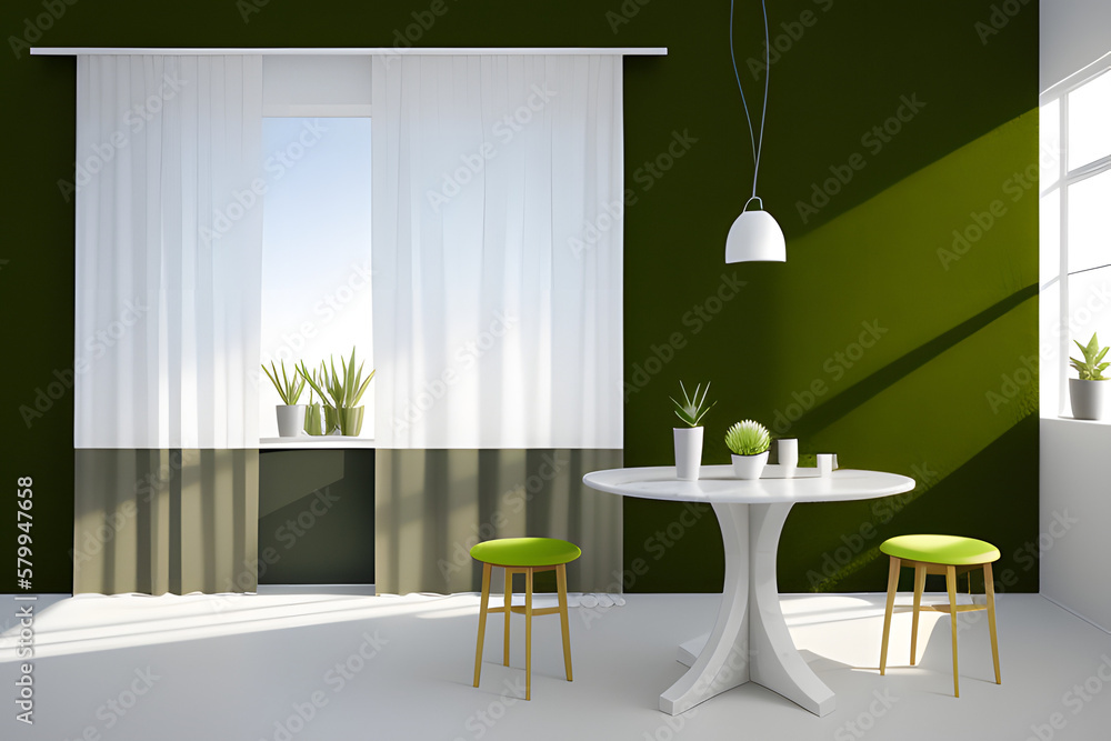 Realistic 3D render, A white round marble table with books and green air plants succulents in a glass. Blank dark green wall with blind curtain shadow in background. Empty space for products overlay. Realistic 3D render, A white round marble table with books and green air plants succulents in a glass. Blank dark green wall with blind curtain shadow in background. Empty space for products overlay.