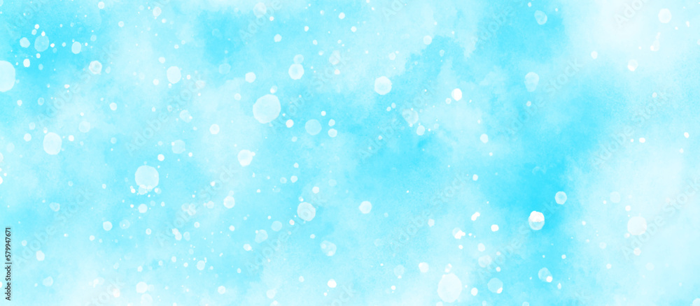 abstract sky blue cloudy watercolor background with bubbles and watercolor stains, Beautiful winter background of snow floating into air randomly, light blue bokeh background for wallpaper.