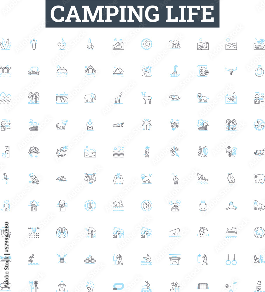 Camping life vector line icons set. Camping, Life, Outdoors, Tent, Sleeping, Bag, Hammock illustration outline concept symbols and signs Camping life vector line icons set. Camping, Life, Outdoors, Tent, Sleeping, Bag, Hammock illustration outline concept symbols and signs