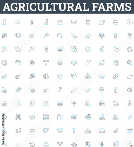 Agricultural farms vector line icons set. Farms, Agriculture, Crops, Cultivation, Plantations, Horticulture, Irrigation illustration outline concept symbols and signs