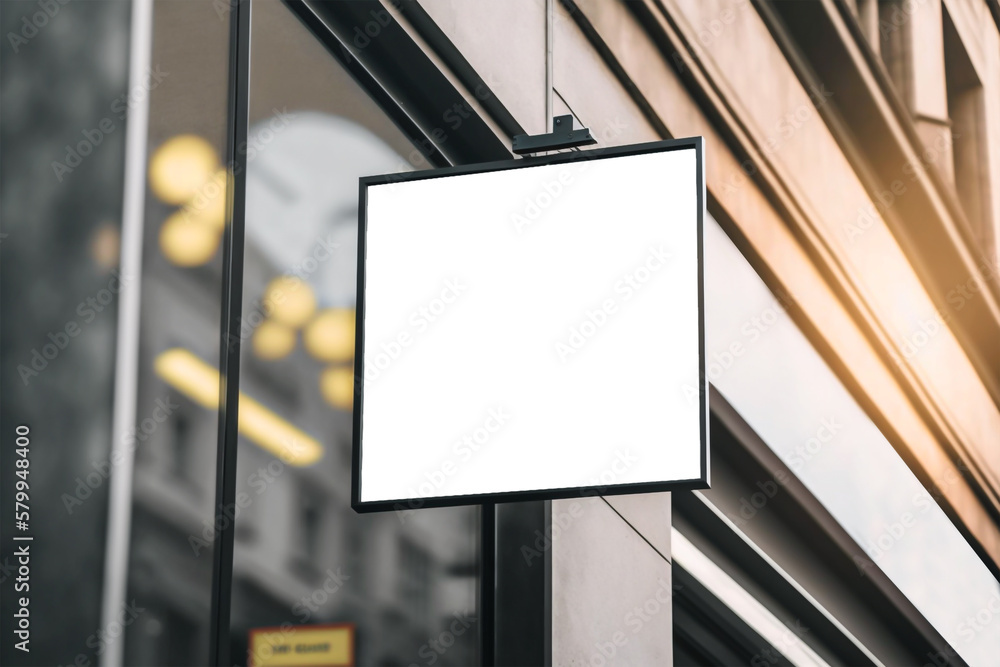 signboard mockup and template empty frame for logo or text on exterior street advertising city shop background, generative AI signboard mockup and template empty frame for logo or text on exterior street advertising city shop background, generative AI