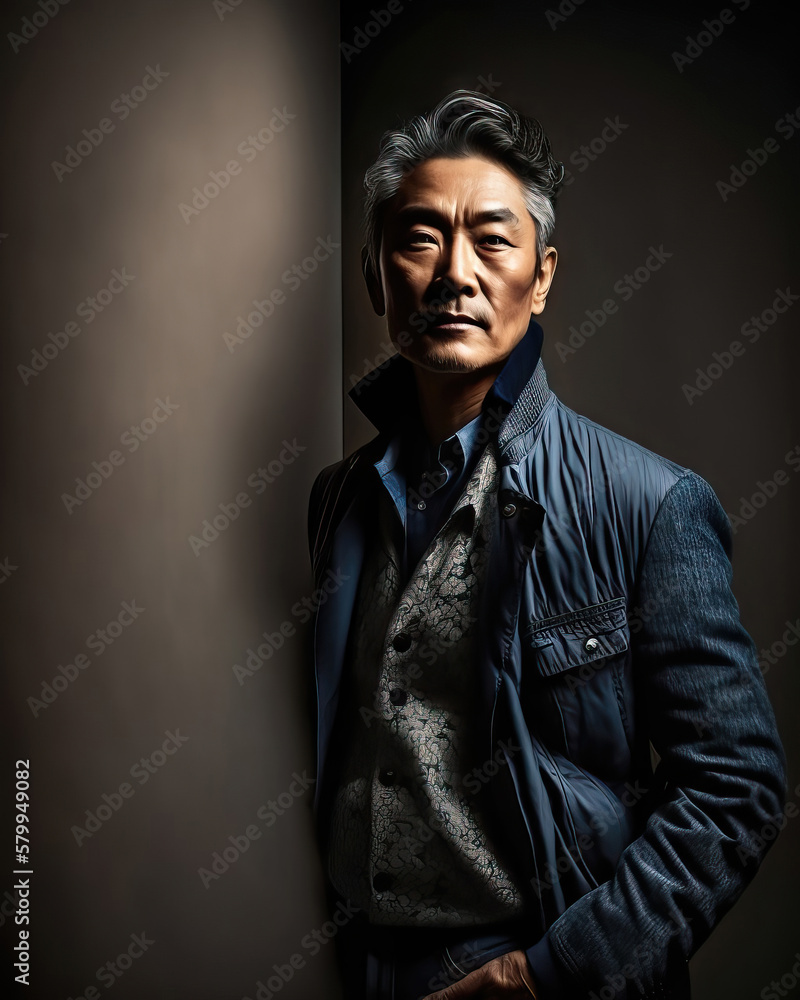 Obraz premium AI generated portrait of Korean man leaning against a wall