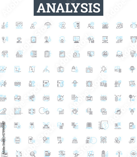 Analysis vector line icons set. Analyze, Analyzing, Examining, Studying, Investigating, Exploring, Calculation illustration outline concept symbols and signs