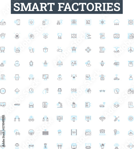 Smart factories vector line icons set. Smart, Factories, Industry, Automation, Internet, Robotics, Connected illustration outline concept symbols and signs