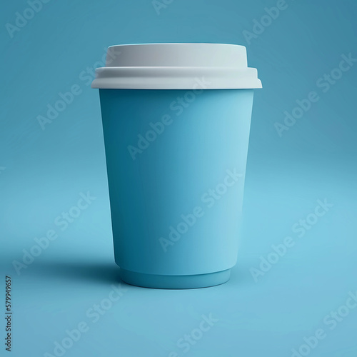 Blue empty coffee cup on the red background, mockup template © Elena