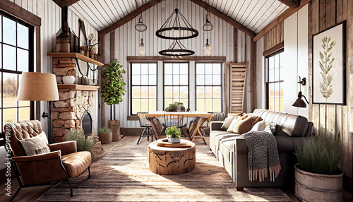 A Farmhouse Living Room That Radiates Rustic Charm, Generative AI
