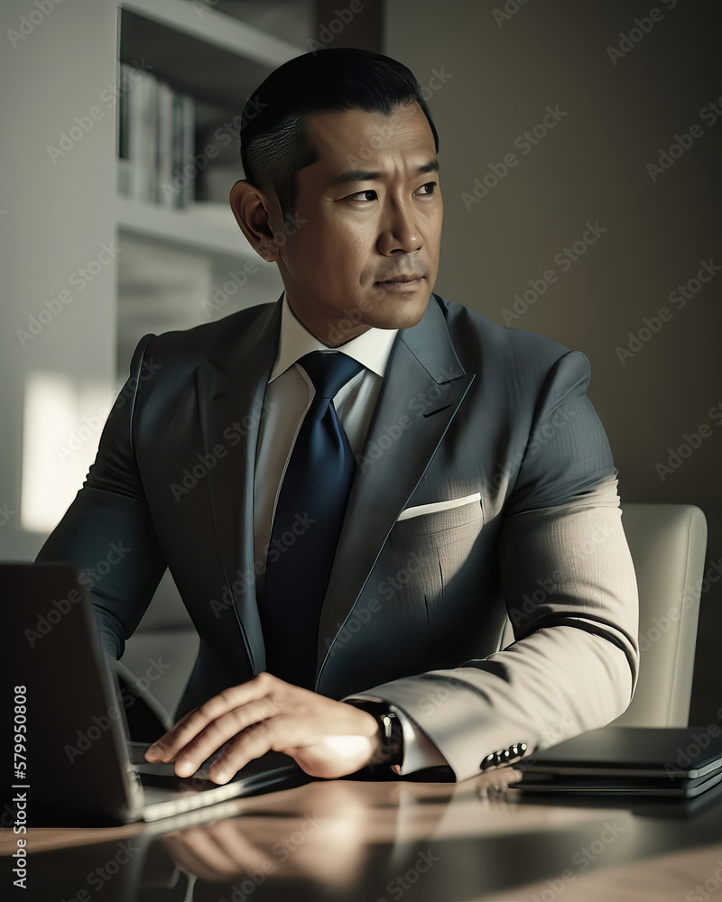 AI generated portrait of Filipino male businessman in the office workin with laptop AI generated portrait of Filipino male businessman in the office workin with laptop