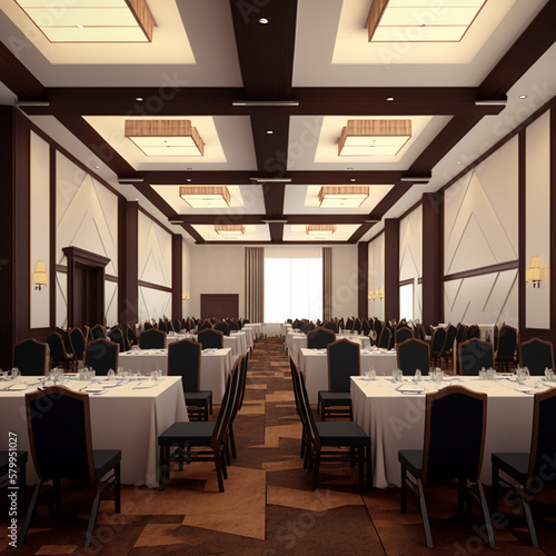 Seminar meeting banquet hall room interior. Meeting hall illustration. Generative AI.