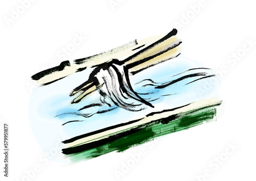 流しそうめんの手描き筆書きイラストセット