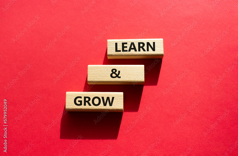 Learn and grow symbol. Concept words Learn and grow on wooden blocks. Beautiful red background. Business and Learn and grow concept. Copy space. Learn and grow symbol. Concept words Learn and grow on wooden blocks. Beautiful red background. Business and Learn and grow concept. Copy space.