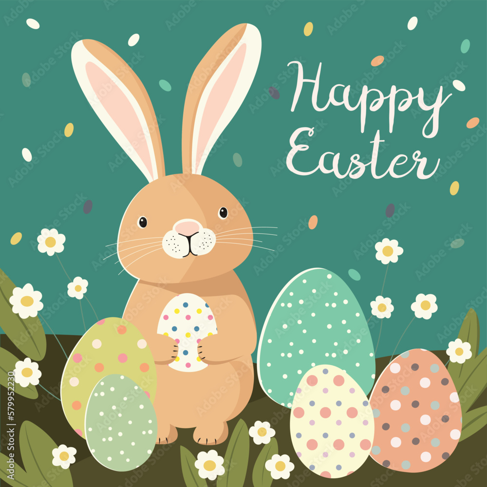 Happy Easter greeting card with rabbit and eggs in vintage style Happy Easter greeting card with rabbit and eggs in vintage style