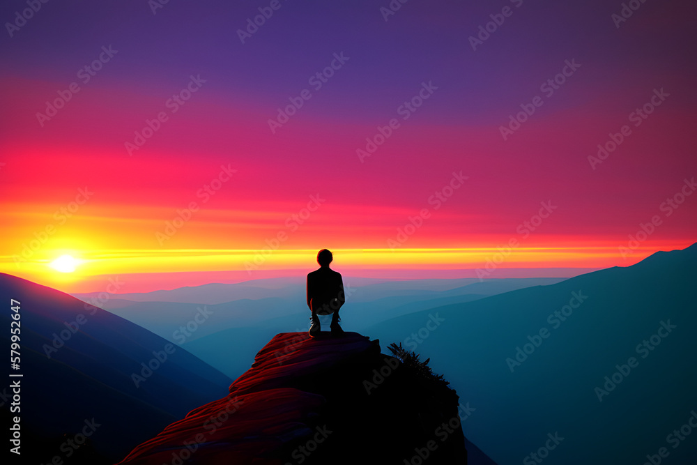 Abstract Sad Artist setting alone On Top Of A Mountain