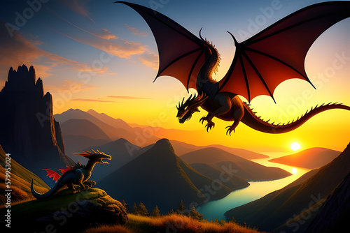 Artistic Illustration Of An Angry Dragon Flying Above Hills