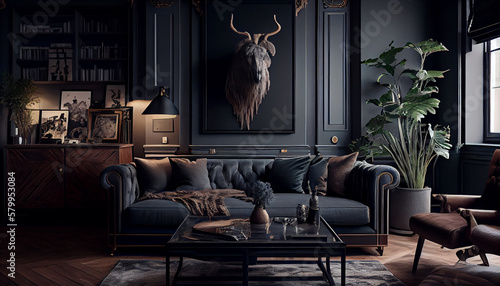 A Moody and Masculine Living Room for a Strong Personality Generative AI © Retro graphics