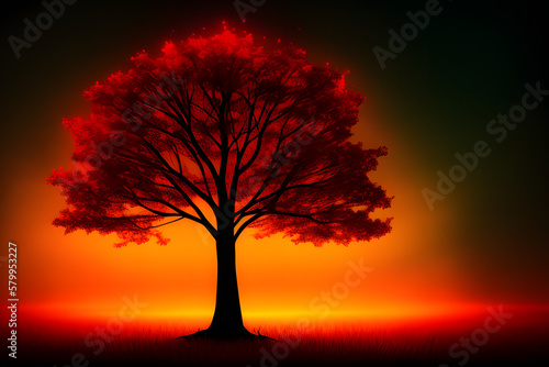Unique illustration of a glowing fiery tree in an abstract fantasy land © Floor