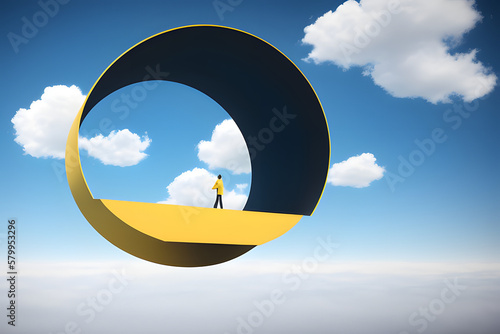 3d render, abstract minimal yellow background with white clouds flying out the tunnel