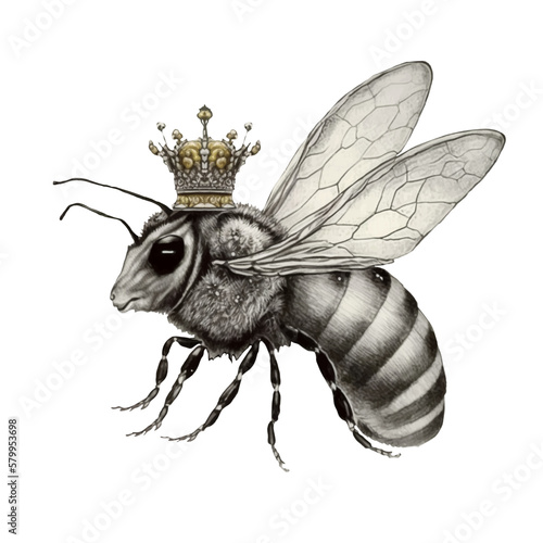 Vector isolated on white. Illustrations of queen bee. Realistic bee in gray tones with a golden crown on its head. For printing packaging, cards, designers, clothes, interior, icon, logo