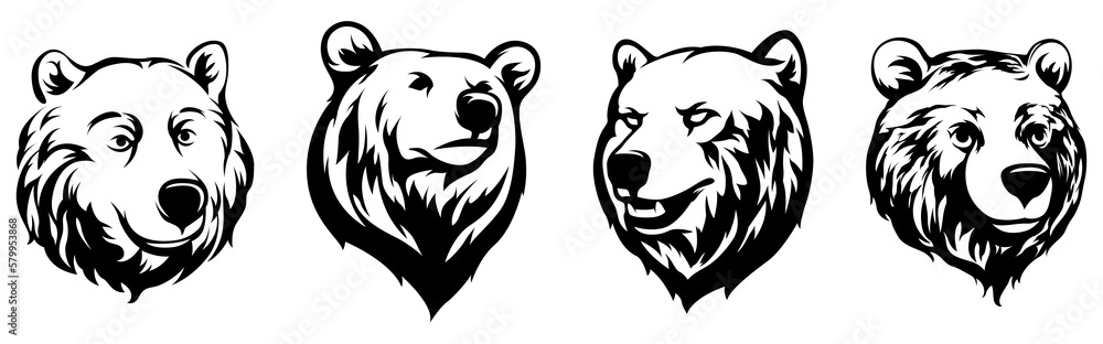 Head of bear. Abstract character illustration variant set. Graphic logo design template for emblem. Image of portrait.