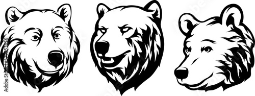 Head of bear. Abstract character illustration variant set. Graphic logo design template for emblem. Image of portrait.