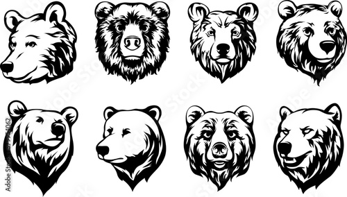Head of bear. Abstract character illustration variant set. Graphic logo design template for emblem. Image of portrait.