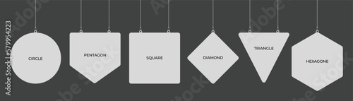 Empty hanging dangler mockup in geometric shapes of circle, pentagon, square, diamond, hexagon, triangle 
on an isolated dark grey background. Display mockup template danglers for presentation