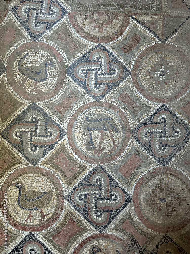 Mosaic Tile Floor in Small Roman Shrine at Carthage Archeological Site, Tunis