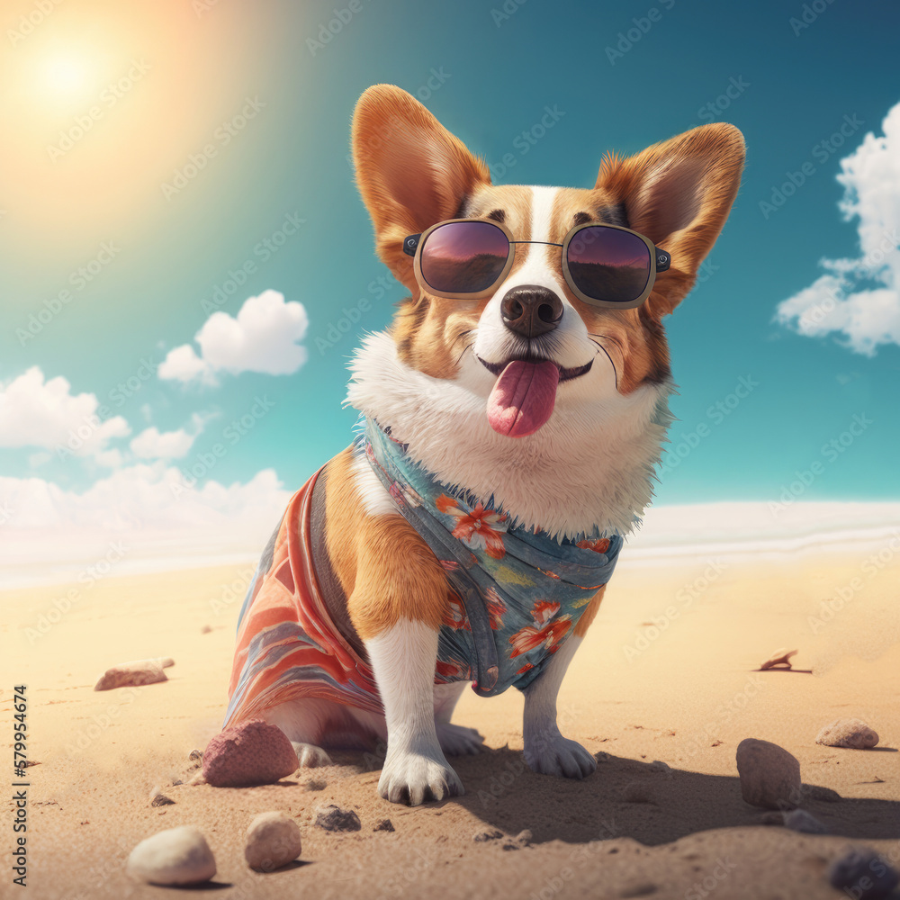 Corgi dog summer beach attire. Summer cute dog pembroke welsh corgi breed wearing sunglasses  and clothes fashionable outfit in beach sand background. Generative AI.
