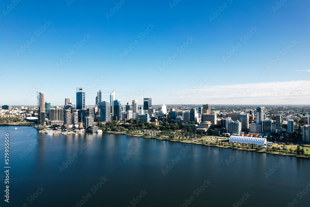 Aerial view of the city of Perth with the Swan River in the foreground