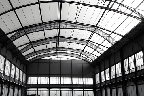 Industrial building warehouse ceiling lamp , show roof structure ( High contrast and grain tone ).