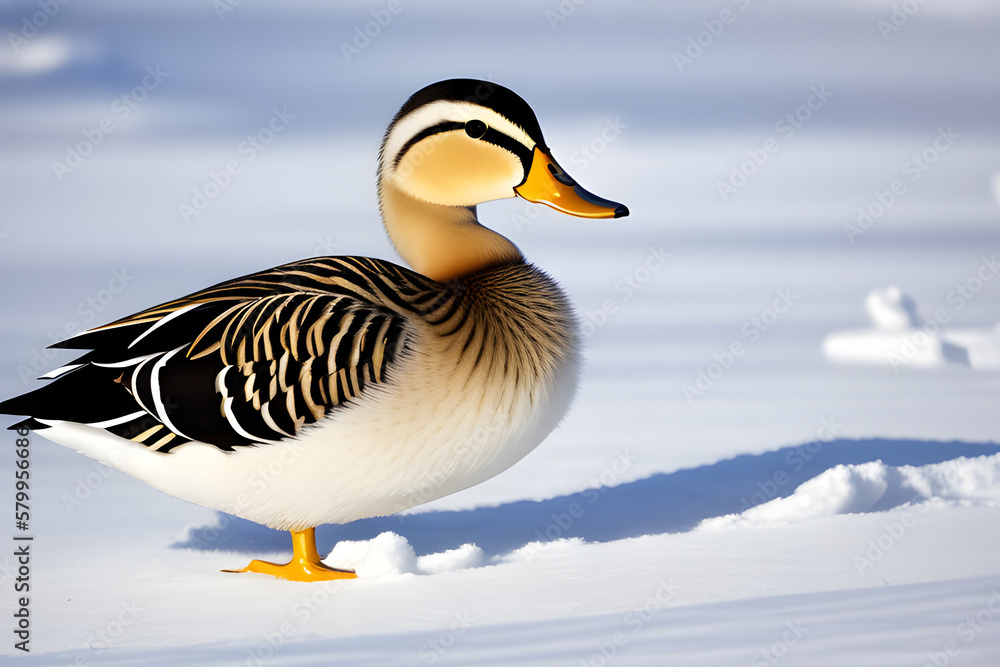 Obraz premium Female duck sits on the white snow