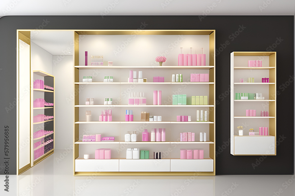 Beauty, cosmetic, hair and skincare product mockup in glossy white and gold shelf with variety of pastel color package in modern and luxury retail business store for product display background