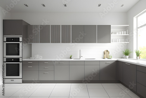 Realistic 3D render close up blank empty space countertop in modern grey build in kitchen cabinet set for household products display with white ceramic wall tiles in background. Sunlight  utensils.