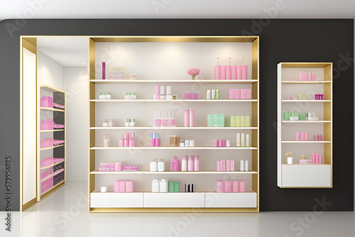 Beauty, cosmetic, hair and skincare product mockup in glossy white and gold shelf with variety of pastel color package in modern and luxury retail business store for product display background