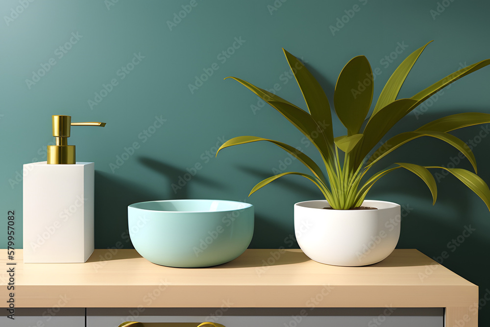 Realistic 3D render of spa like vanity unit with teal green ceramic wash basin, modern brass faucet on wooden countertop. Beautiful morning sunlight and leaves shadow. Blank space for products display
